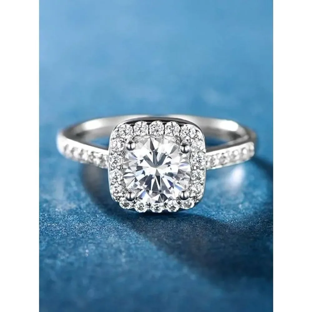 18K White Gold and White Diamond Cubic Zirconia Square Halo Eternity Ring